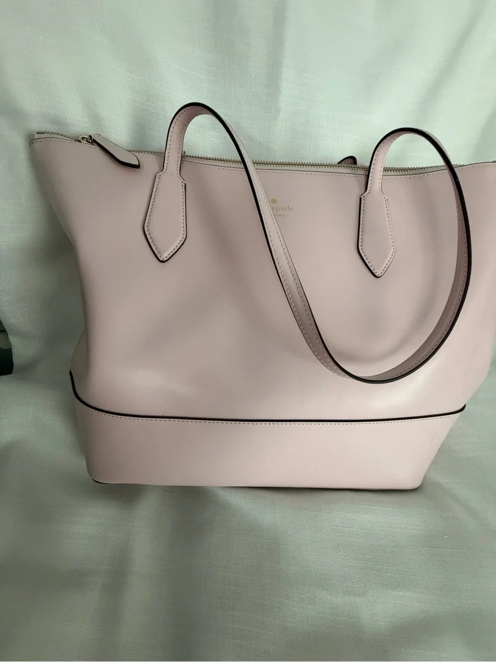 kate spade pale pink leather tote with gold logo